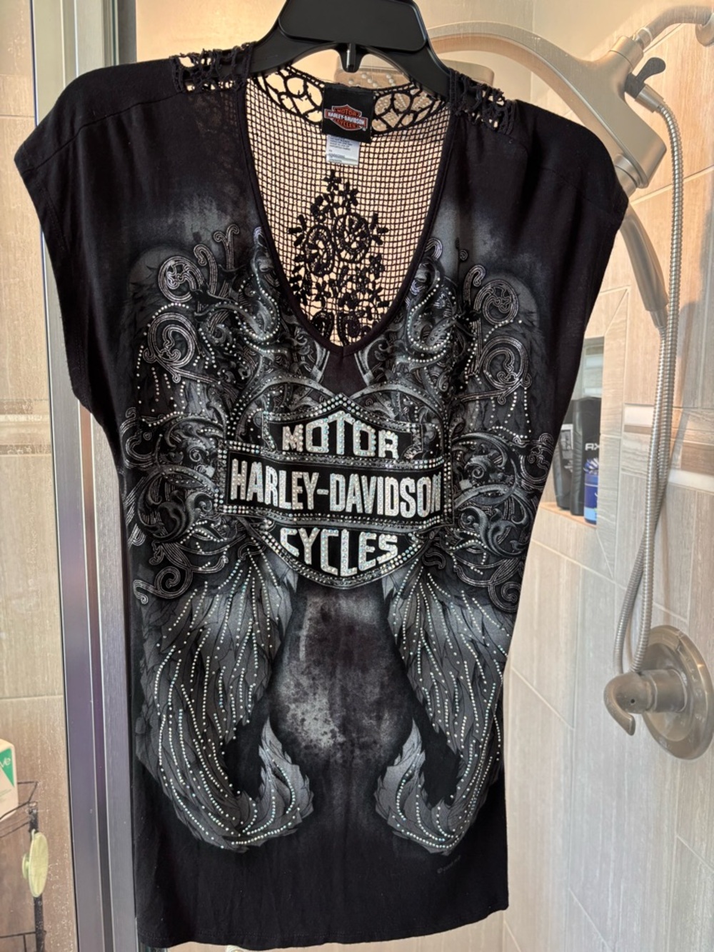Harley-Davidson Black Silver Embellished Mesh V‑Neck Top